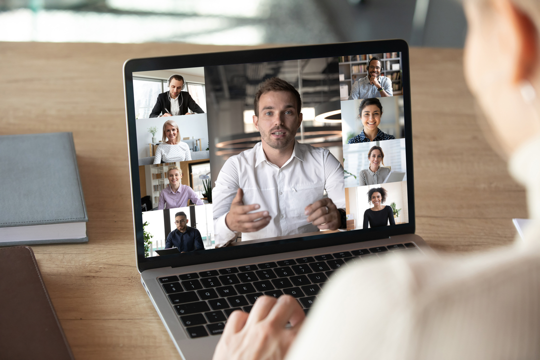 People working from home via video chat.